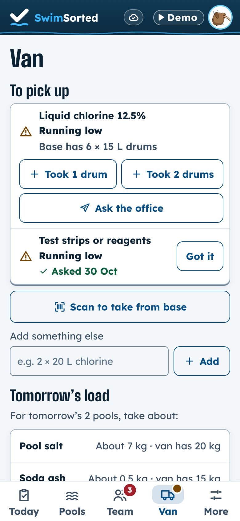 The Van screen: what to pick up, with chlorine running low, Took 1 drum, Took 2 drums and Ask the office.